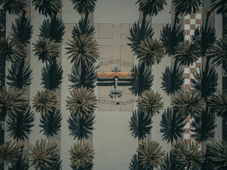 an aerial view of palm trees and a yellow car, by Carey Morris, op art, brutalist courtyard, airplanes, chest covered with palm leaves, aerial view cinestill 800t 18mm