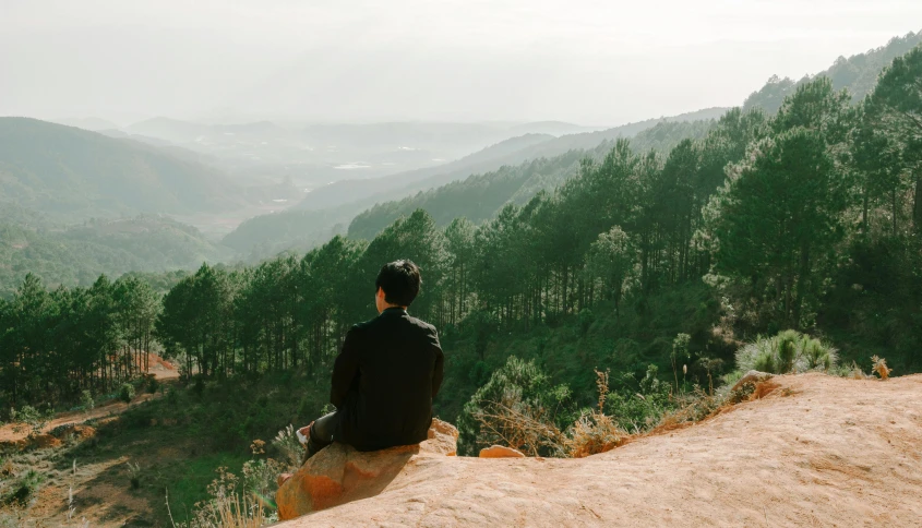 a man sitting on a rock overlooking a valley, pexels contest winner, sumatraism, in avila pinewood, profile pic, slightly minimal, back - shot