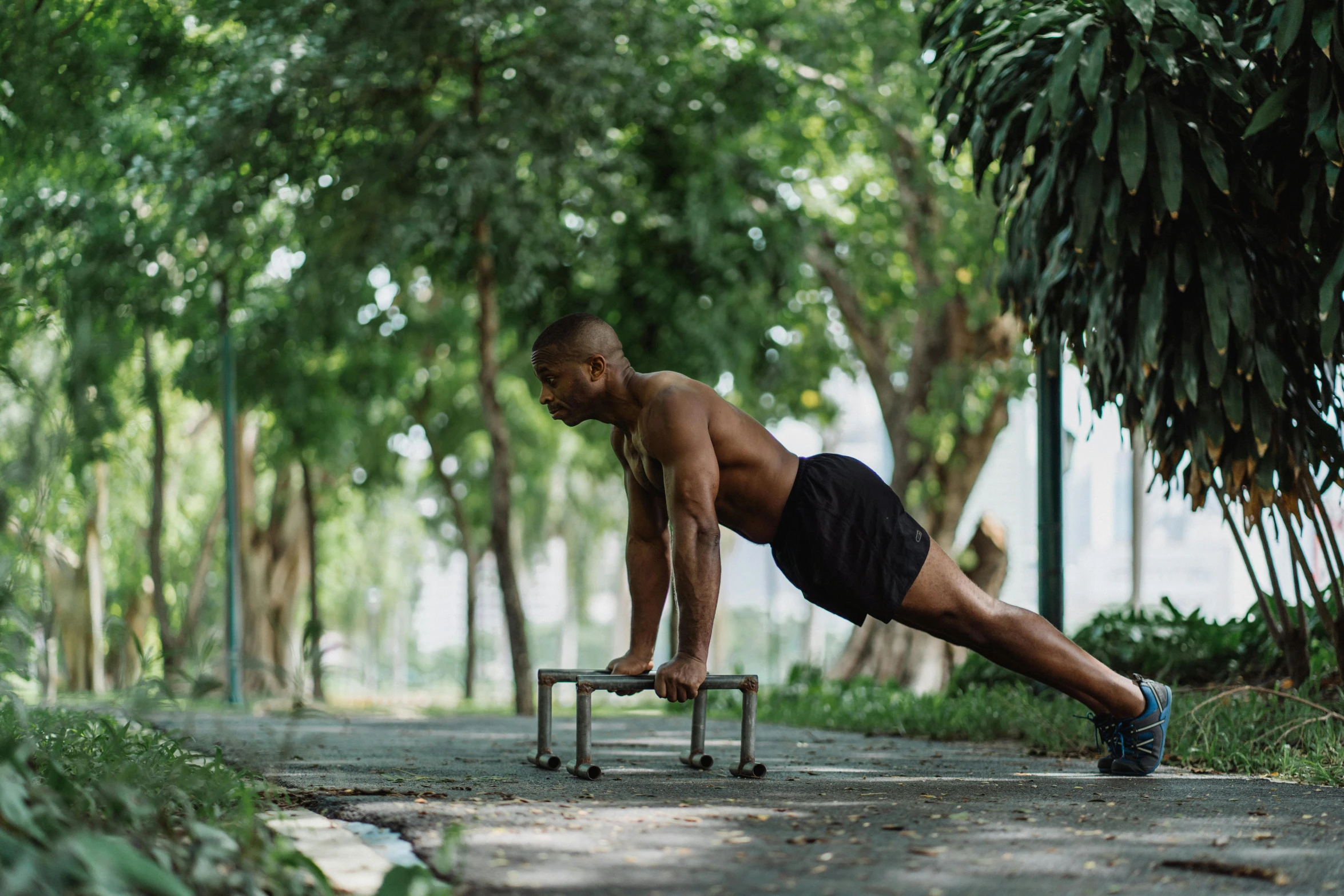 a man is doing push ups on a bench, pexels contest winner, lush surroundings, avatar image, sao paulo, thumbnail