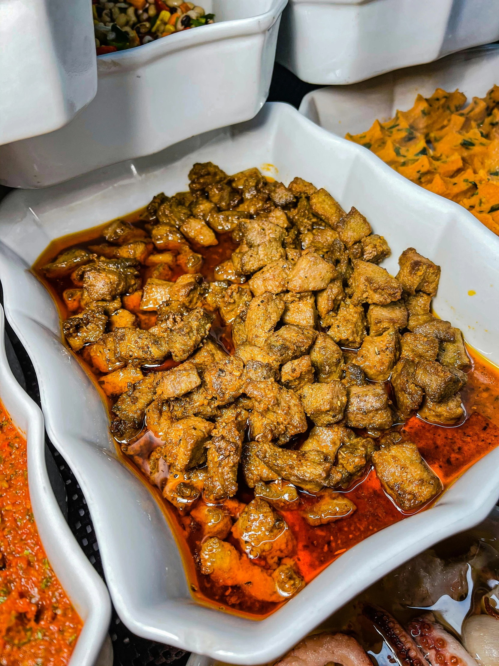 a number of dishes of food on a table, bowl filled with food, meat, thumbnail, african ameera al taweel