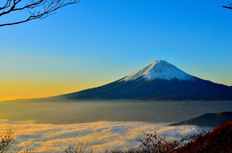 a view of a mountain from the top of a hill, a picture, inspired by Kōno Michisei, pexels contest winner, mt. fuji, avatar image, natural morning light, 🚿🗝📝