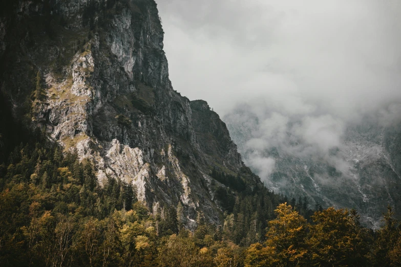 a mountain on a cloudy day with trees in the foreground, pexels contest winner, steep cliffs, mid fall, thumbnail, high quality image