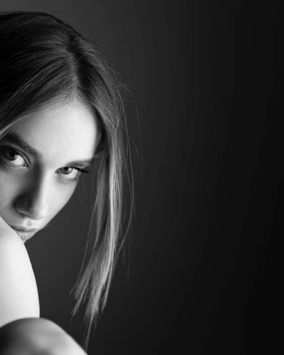 a black and white photo of a woman, a black and white photo, by Dimitre Manassiev Mehandjiysky, trending on cgsociety, beautiful light big eyes, cgsociety 4k”, confident pose, various posed