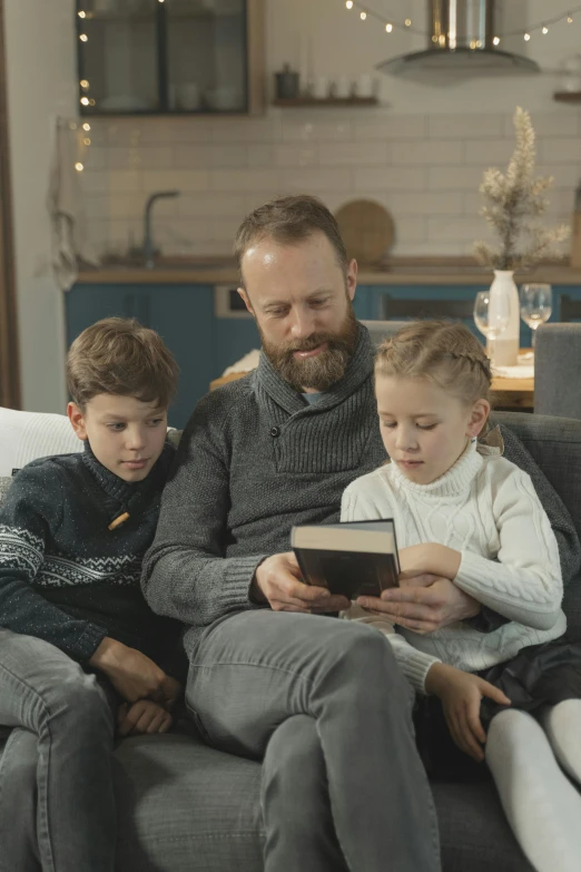 a man and two boys sitting on a couch reading a book, cinematic quality, grey, paul barson, high quality upload