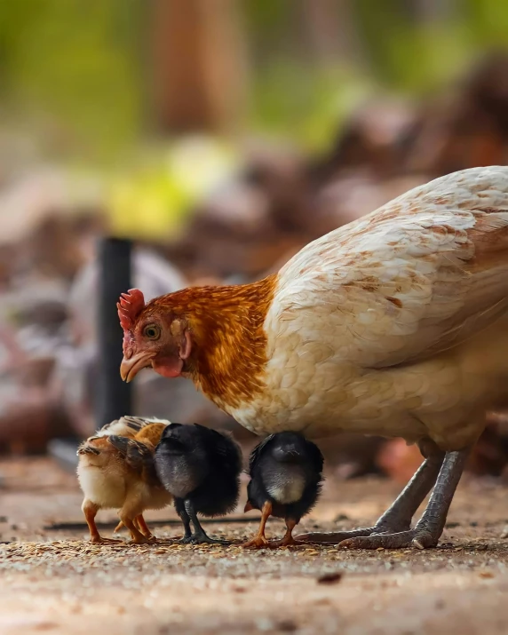 a group of chickens standing next to each other on a dirt ground, an album cover, by Jan Tengnagel, shutterstock contest winner, maternal, having a snack, unsplash contest winning photo, motherly