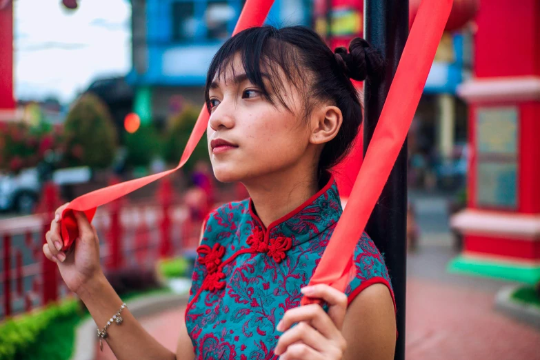 a woman with a red ribbon around her neck, pexels contest winner, chinatown, avatar image, teenage girl, half image