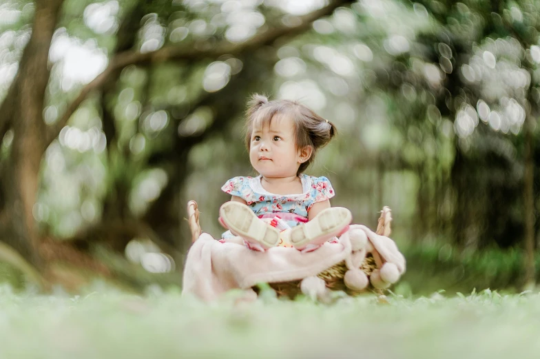 a little girl sitting in the grass with a teddy bear, unsplash, seated on wooden chair, avatar image, outdoor photo, manuka