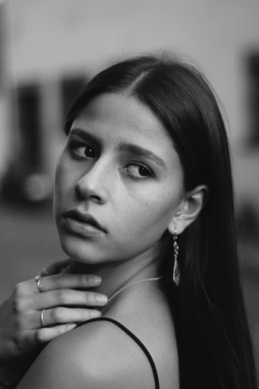 a black and white photo of a woman, by Alexis Grimou, isabela moner, earrings, 1 6 years old, 16k upscaled image