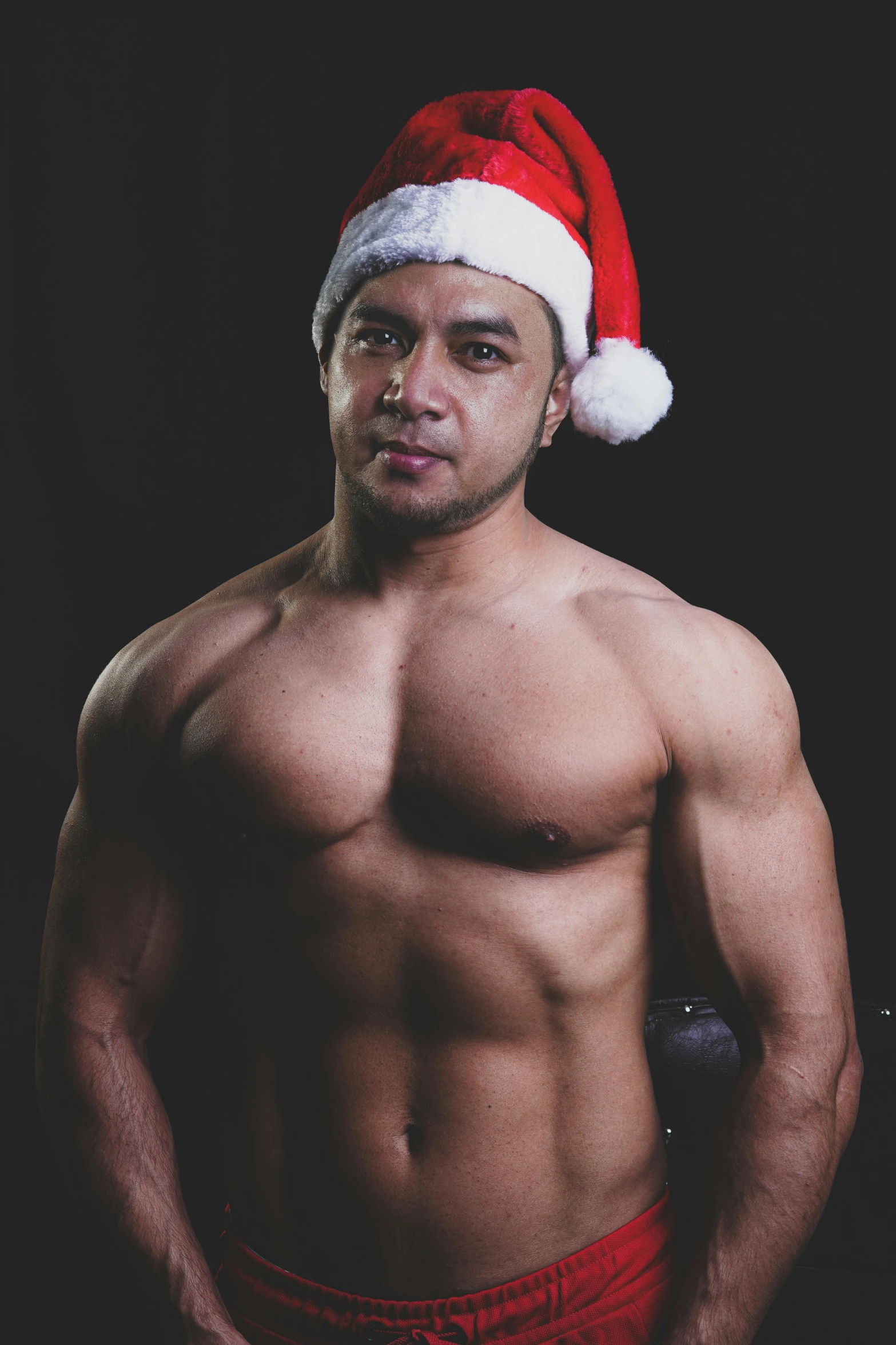 a shirtless man wearing a santa hat, inspired by Eddie Mendoza, beefcake pose, ayan nag, saadane afif, toys