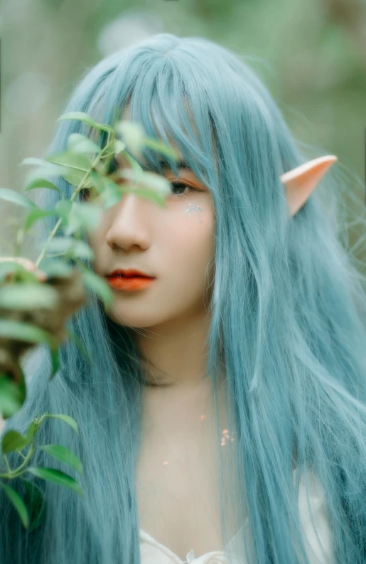 a close up of a person with long blue hair, an album cover, by Ye Xin, trending on pexels, peaceful elven forest, elf ears, pastel green, ((forest))