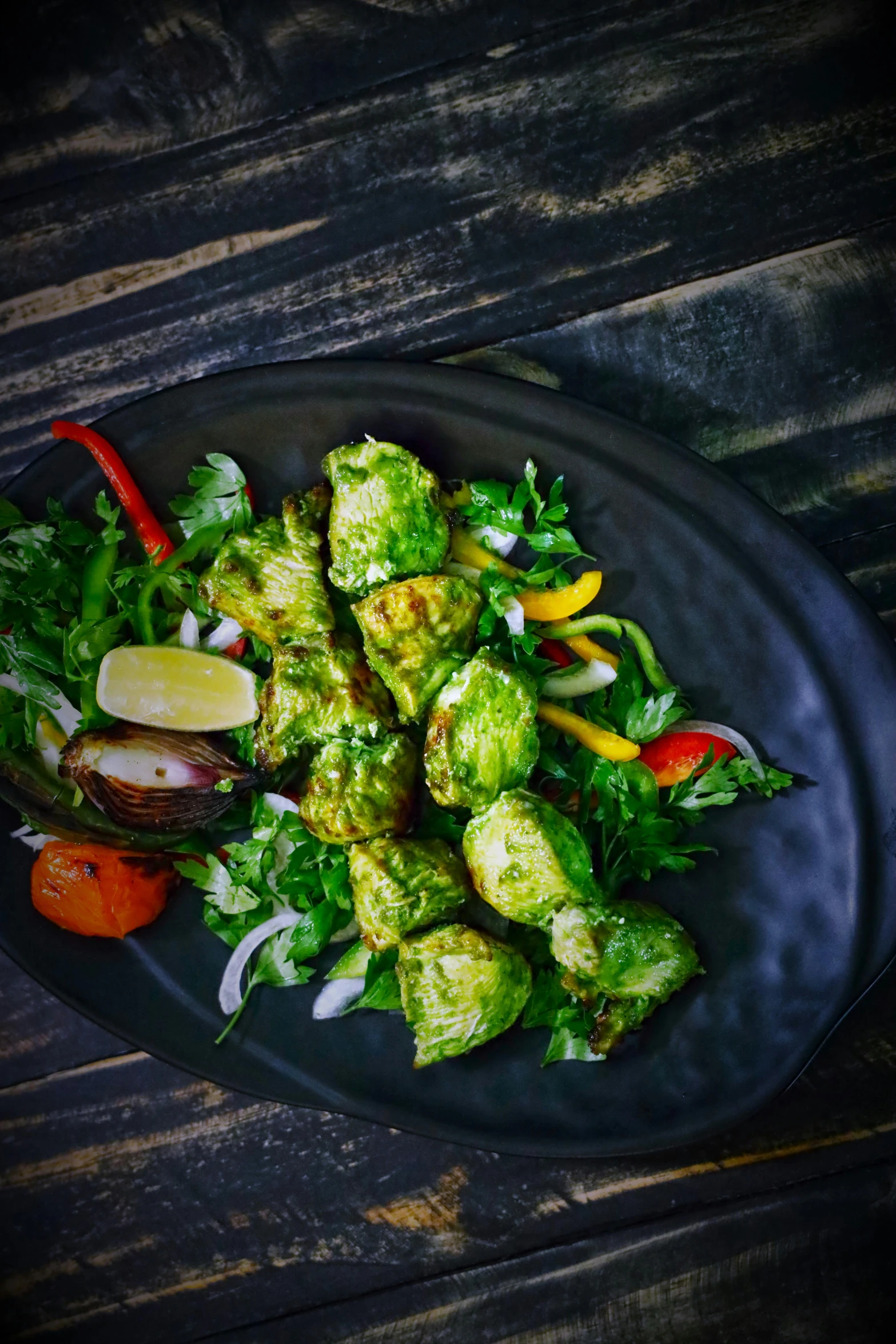 a close up of a plate of food on a table, leaf green, profile image, kebab, thumbnail