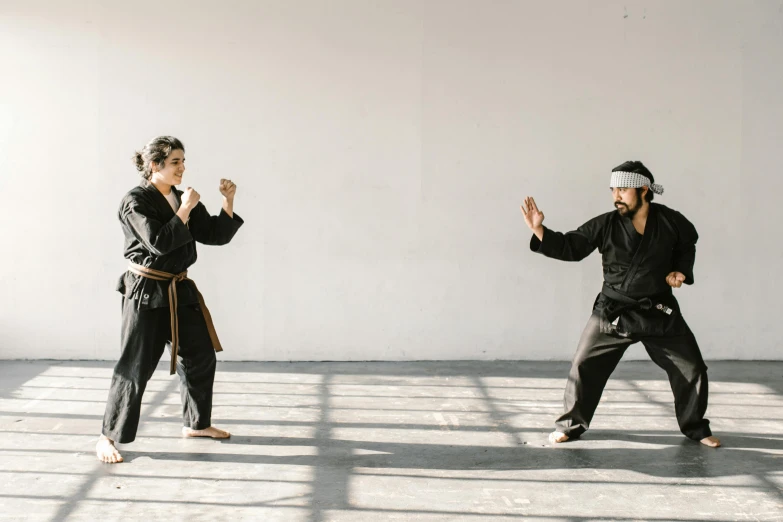 a couple of men standing next to each other in a room, inspired by Baiōken Eishun, pexels contest winner, in a fighting stance, manuka, jenna barton, ninjas