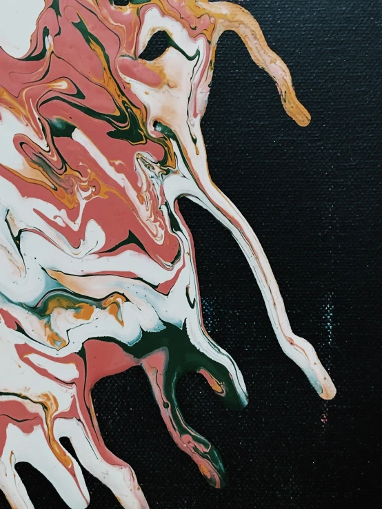 a painting of a horse on a black background, by Sara Saftleven, trending on unsplash, melting in coral pattern, made of liquid, middle close up, while marble