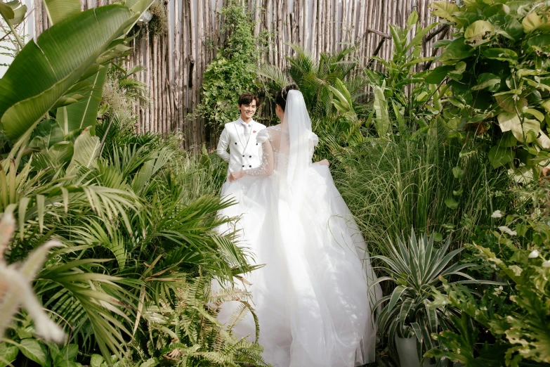 a bride and groom standing in a garden, an album cover, unsplash, exotic vegetation, wearing organza gown, high angle shot, ignant