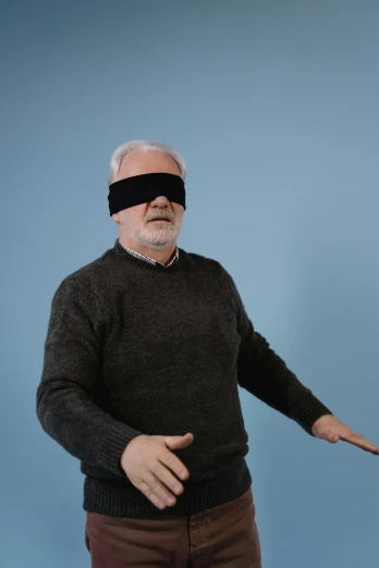 a man with a blindfold on his face, reddit, peter eisenman, default pose neutral expression, upper body visible, hovering indecision