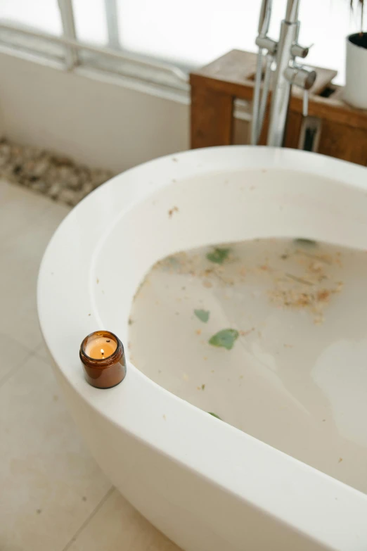 a white bath tub sitting in a bathroom next to a window, by Andries Stock, unsplash, renaissance, candle wax, poop, manuka, mint