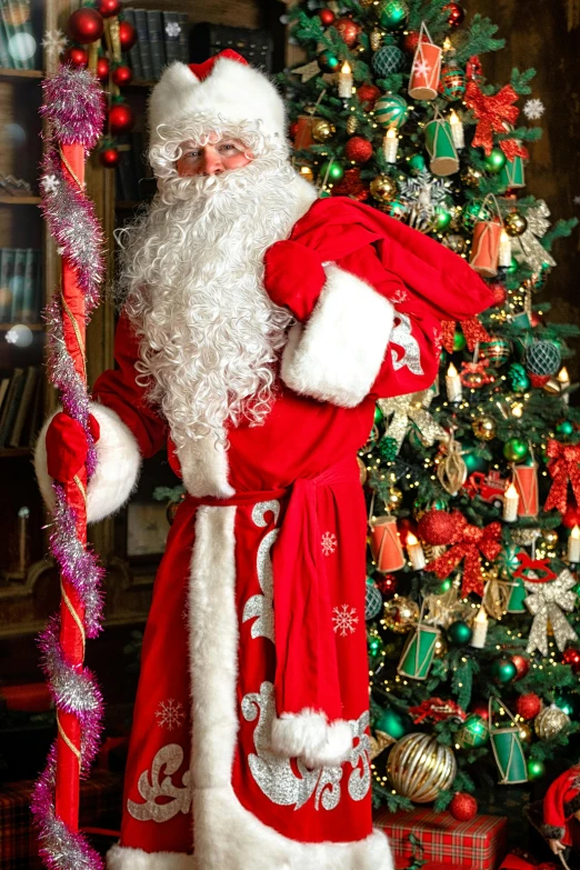 a santa claus standing in front of a christmas tree, by Arnie Swekel, happening, official store photo, red robe, 15081959 21121991 01012000 4k, delightful surroundings