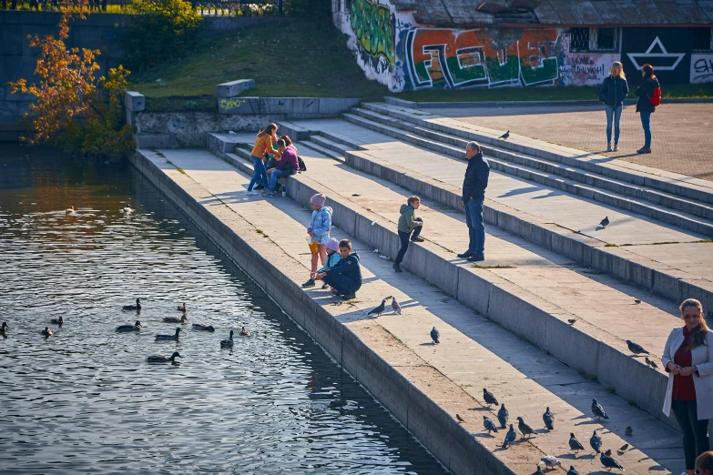 a group of people standing next to a body of water, by Julia Pishtar, pexels contest winner, realism, in legnica, birds in the sunlight, families playing, sunken square