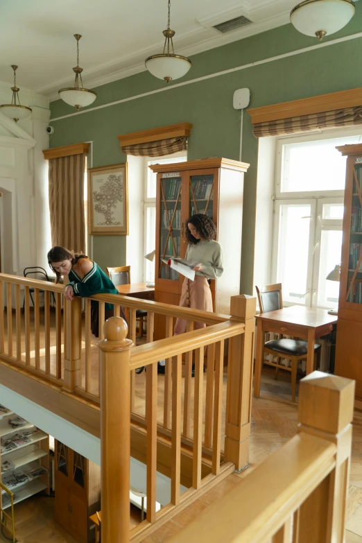 a couple of people that are standing in a room, danube school, biodiversity heritage library, staircase, tula, studying in a brightly lit room