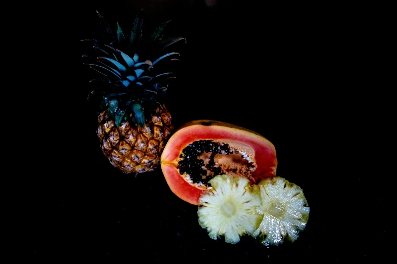 a pineapple and a pineapple cut in half, a still life, by Adam Marczyński, pexels, corals are gemstones, black and orange colour palette, made of fruit and flowers, 🦩🪐🐞👩🏻🦳