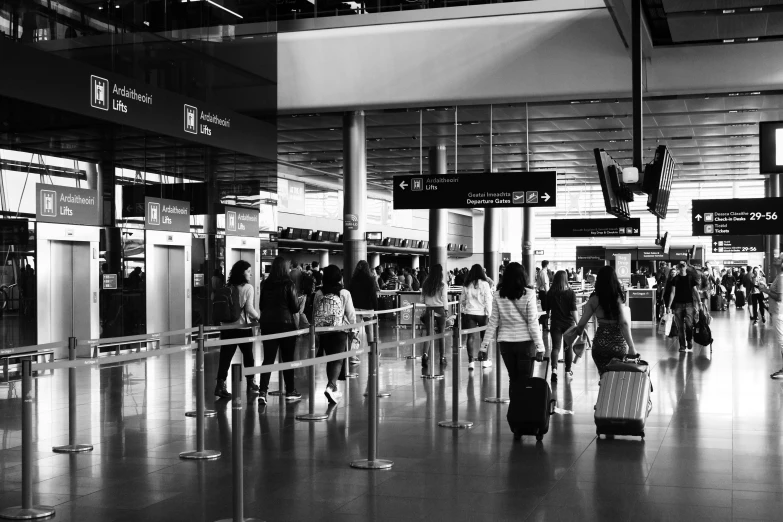 a black and white photo of people at an airport, a black and white photo, pexels, stanchions, 🦩🪐🐞👩🏻🦳, trending arstationhq, decoration