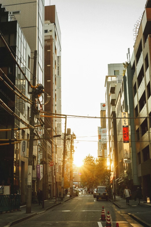 a city street filled with lots of tall buildings, a picture, inspired by Elsa Bleda, unsplash, golden hour in tokyo, wires hanging above street, sunny summer day, sunshaft