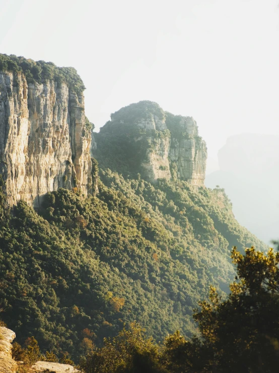 a couple of people standing on top of a mountain, a matte painting, inspired by Zhang Kechun, pexels contest winner, 2 5 6 x 2 5 6 pixels, trees and cliffs, panoramic shot, hou china