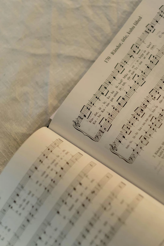 an open book sitting on top of a bed, an album cover, by Carey Morris, pexels, choir, sheet music, soft, music notes