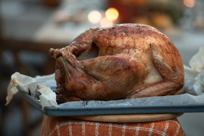 a turkey sitting on top of a pan on a table, by Helen Stevenson, hurufiyya, fan favorite, uk, exterior shot, recipe