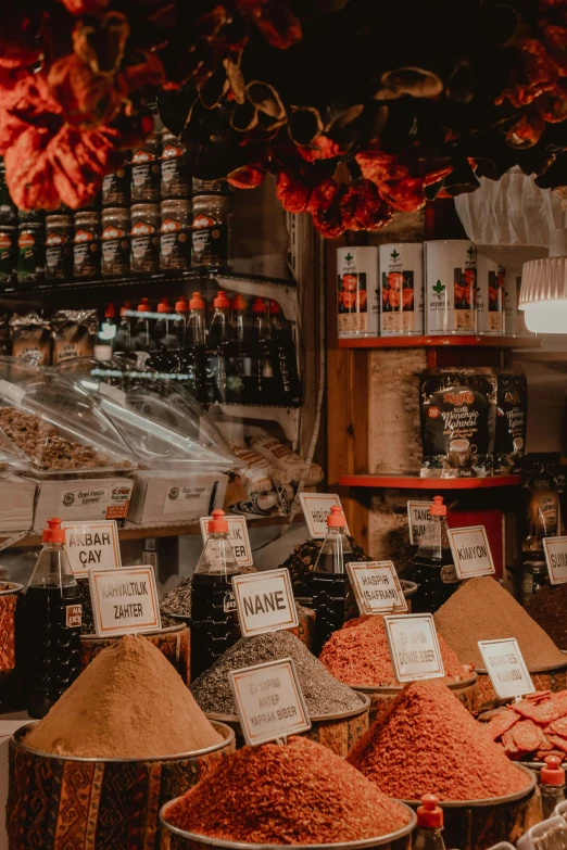 a market filled with lots of different types of spices, pexels contest winner, lots of signs and shops, commercial banner, dark red and black color palette, thumbnail