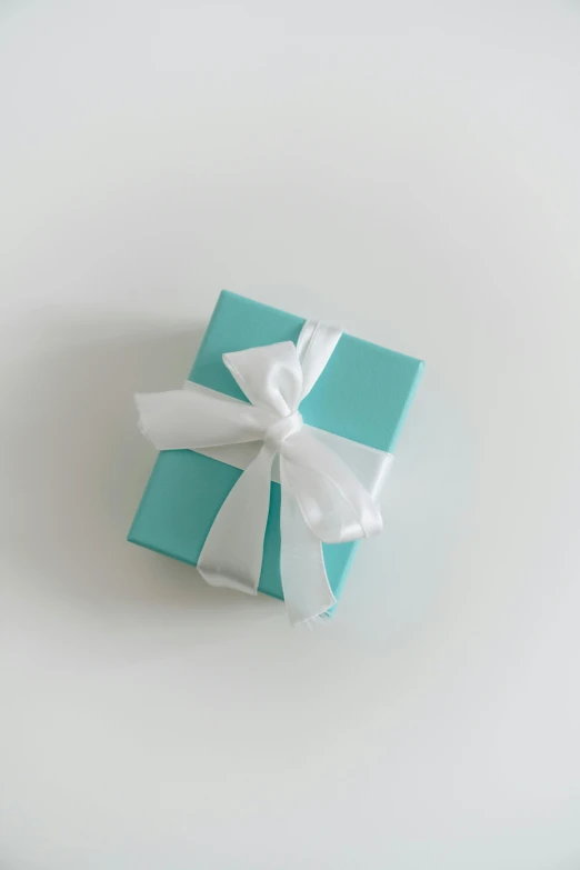 a small blue gift box with a white bow, by Gavin Hamilton, pexels contest winner, hurufiyya, tiffany style, unopened, 8 1 5, mint