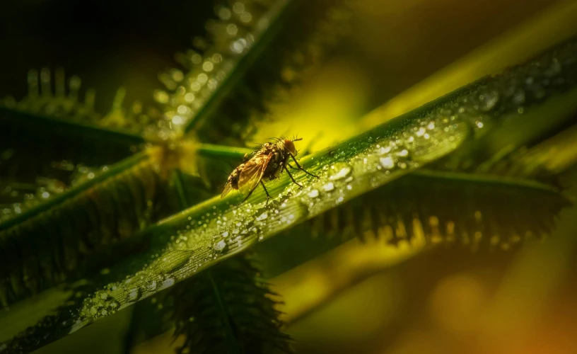 a small insect sitting on top of a green plant, a macro photograph, by Adam Marczyński, pexels contest winner, hurufiyya, feathers ) wet, yellow and green, large mosquito wings, micro detail 4k