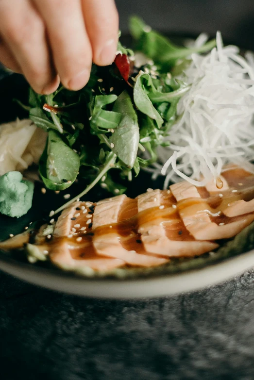 a close up of a plate of food on a table, inspired by Nishida Shun'ei, pexels contest winner, lush greens, duck, bowl, salmon