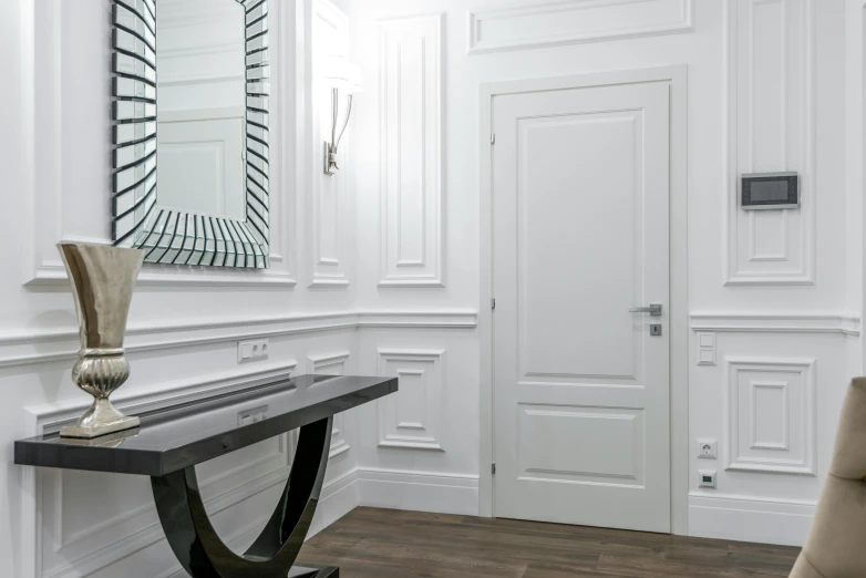 a room with a table a chair and a mirror, wood door, white marble interior photograph, superb detail 8 k, titanium white