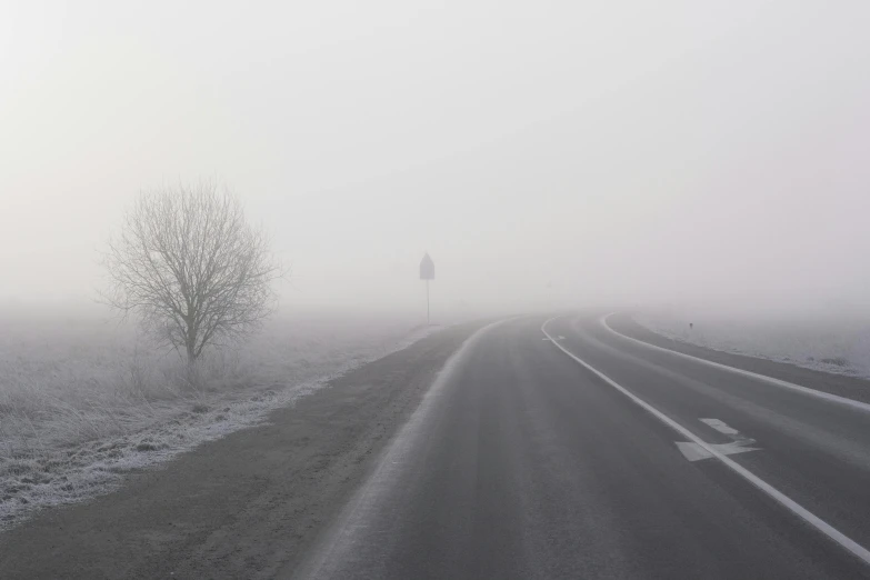 an empty road on a foggy day, a picture, by Adam Marczyński, pexels contest winner, romanticism, sparse frozen landscape, pure white hazy overcast sky, high resolution, grey