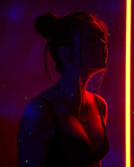 a woman standing in front of a neon light, inspired by Elsa Bleda, trending on pexels, holography, glowing red veins, profile image, charli xcx, sensual lighting