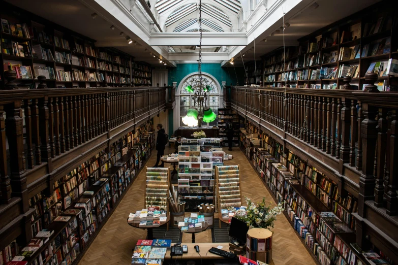 a long room filled with lots of books, by Nick Fudge, quirky shops, view from above, james webb, arcade