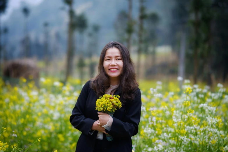a woman holding a bunch of flowers in a field, a picture, inspired by Ruth Jên, pexels contest winner, portrait image, yellow flowers, dang my linh, headshot profile picture