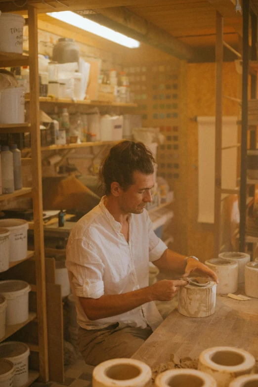 a man working on pottery in a pottery shop, a portrait, by Jessie Algie, trending on unsplash, process art, ignant, taken at golden hour, plaster, a handsome