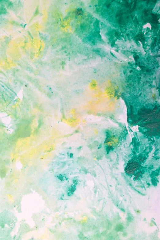 a close up of a green and yellow painting, inspired by Art Green, trending on unsplash, lyrical abstraction, white neon wash, 144x144 canvas, view from above, made of silk paper