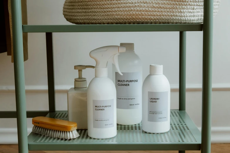 a shelf filled with cleaning products on top of a wooden floor, by Julia Pishtar, purism, product label, white furniture, metal readymade, thumbnail