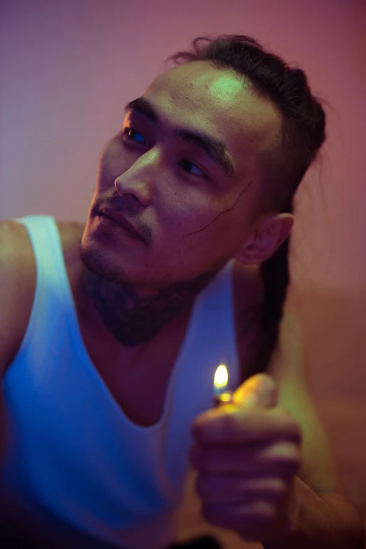 a man holding a lighter in his hand, an album cover, inspired by Liam Wong, trending on pexels, looking seductive, headshot, candle, asian man