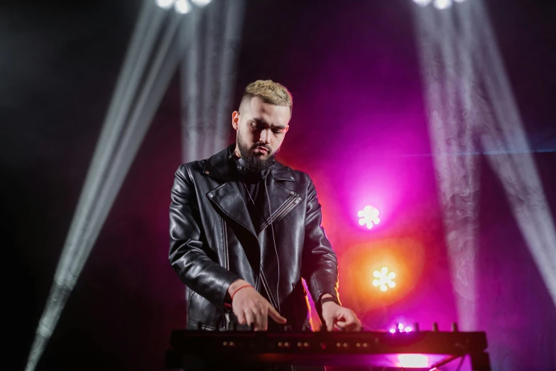 a man that is standing in front of a keyboard, an album cover, pexels, liam, performing on stage, threyda, dressed in leather jacket