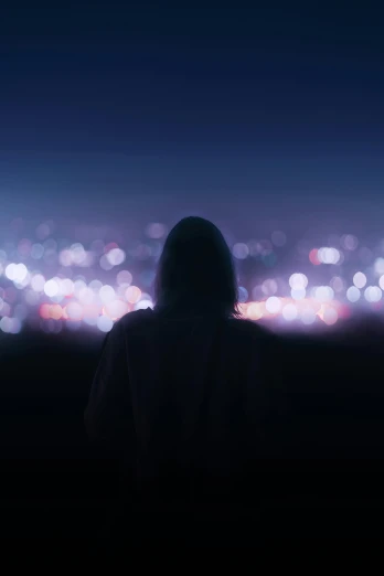 a person standing in front of a city at night, pexels, light haze, dark. no text, blue lights and purple lights, overlooking