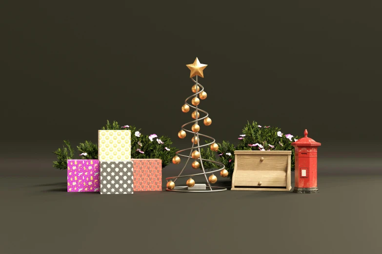 a christmas tree sitting next to a pile of presents, a 3D render, trending on polycount, 3 d render n - 9, flower shop scene, decorations, low quality 3d model
