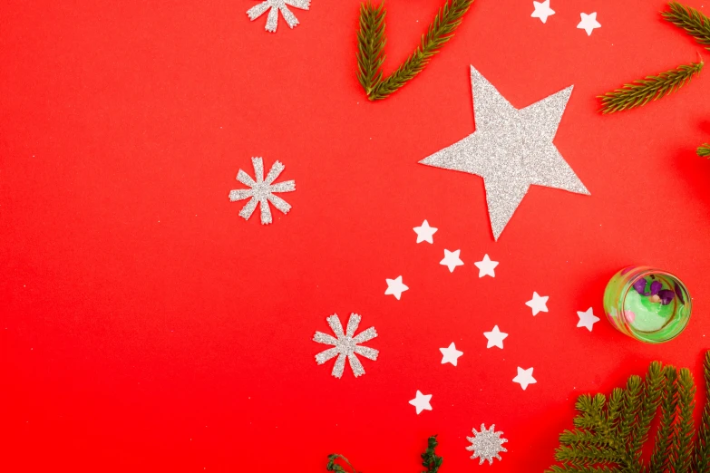 christmas decorations on a red background with stars and snowflakes, by Julia Pishtar, trending on pexels, evergreen branches, star charts, silver background, children's