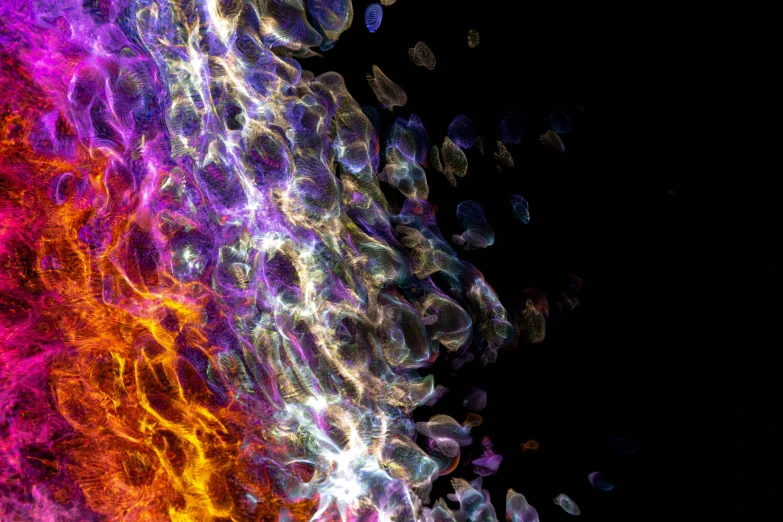 a close up of a cell phone on a black background, a microscopic photo, by Gavin Nolan, generative art, colorful fire, made from million point clouds, galactic yellow violet colors, organic liquid textures