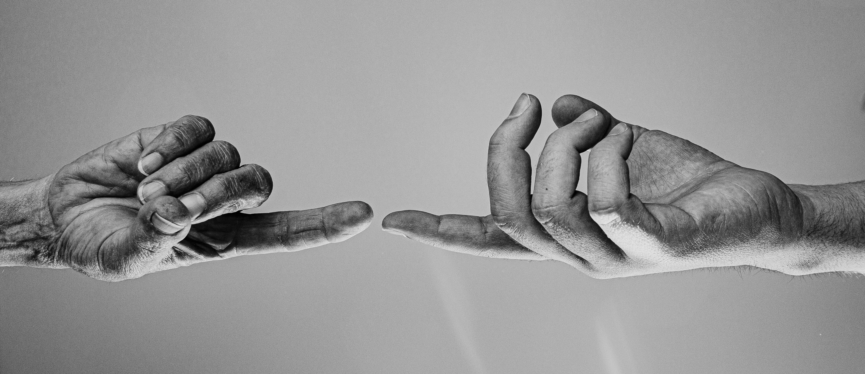 a black and white photo of two hands reaching for each other, by Jan Rustem, saatchi art, holding a staff, cute photo, anjali mudra