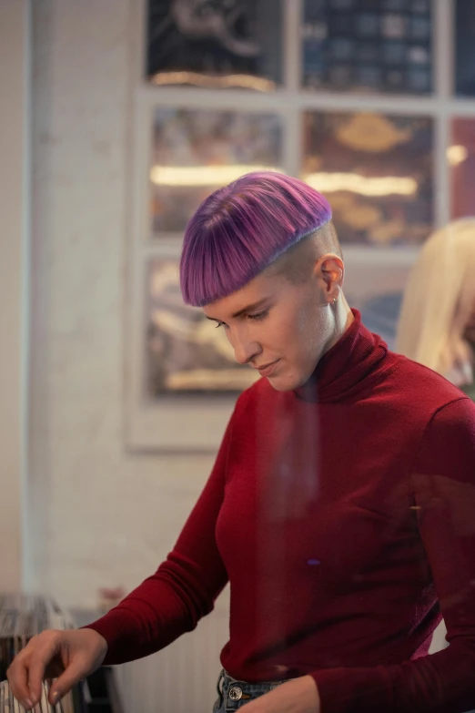 a woman with purple hair standing in front of a counter, altermodern, brown buzzcut, ex machina, kirsi salonen, promo image