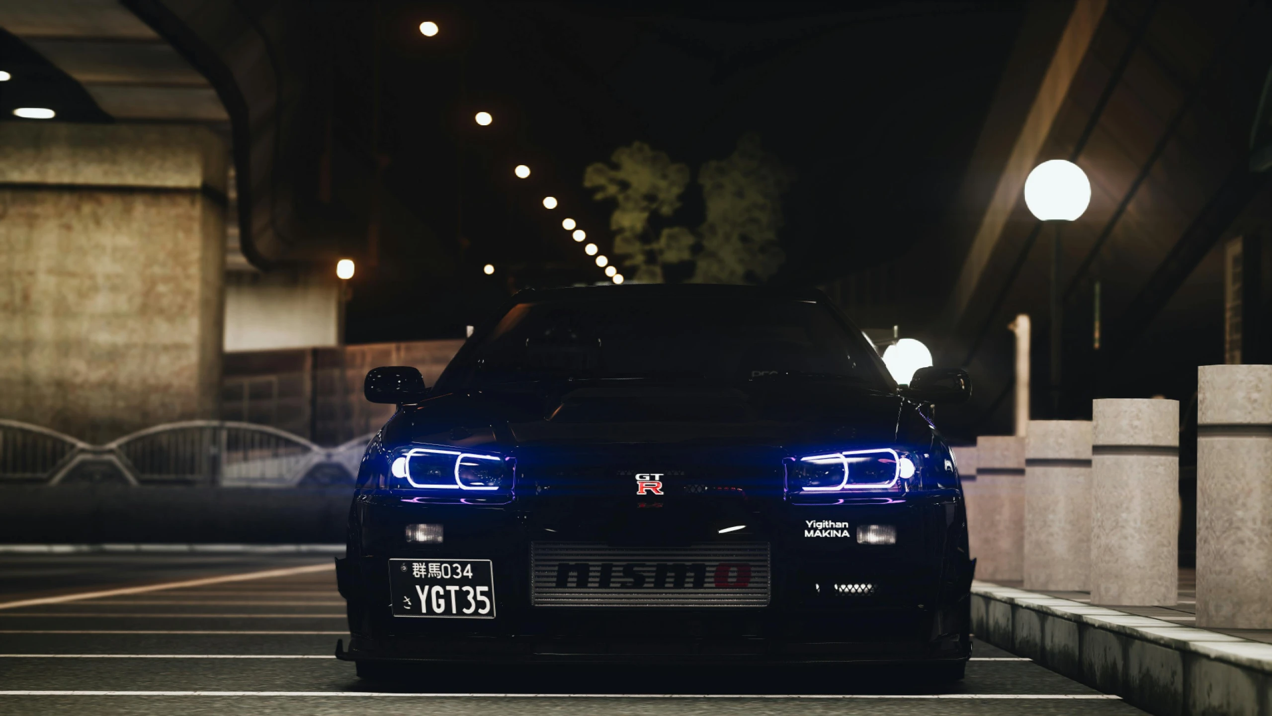 a car parked in a parking lot at night, inspired by An Gyeon, unsplash, in a modified nissan skyline r34, avatar image, 2263539546], custom headlights